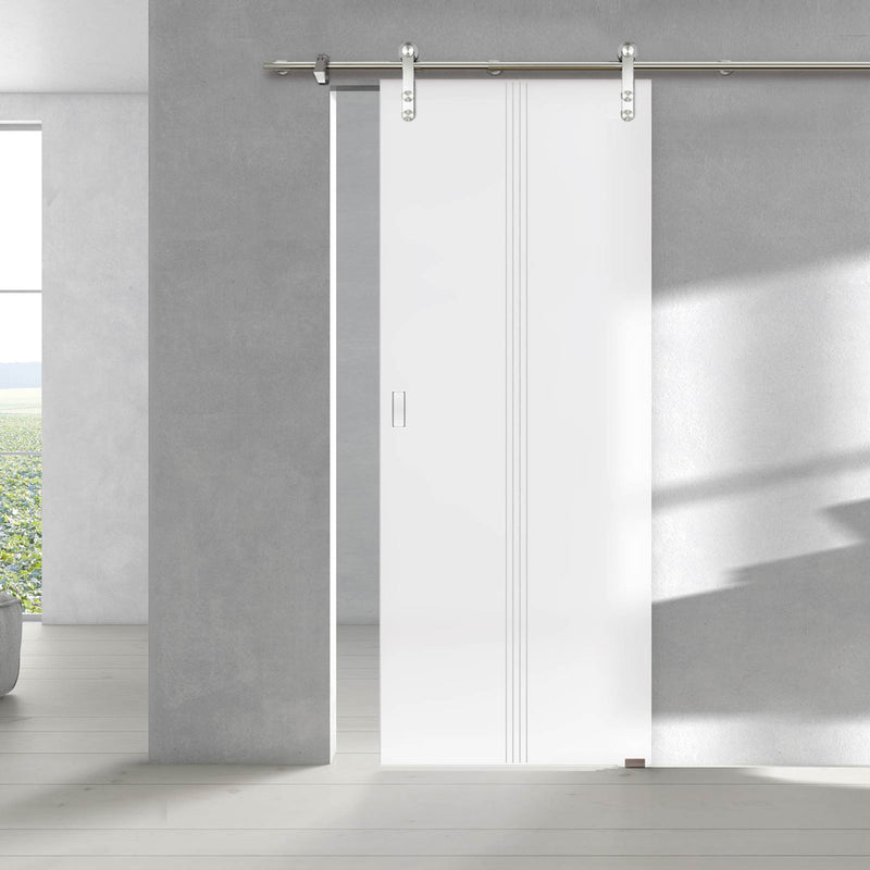 Single Glass Sliding Door - Solaris Tubular Stainless Steel Sliding Track & Crichton 8mm Obscure Glass - Obscure Printed Design