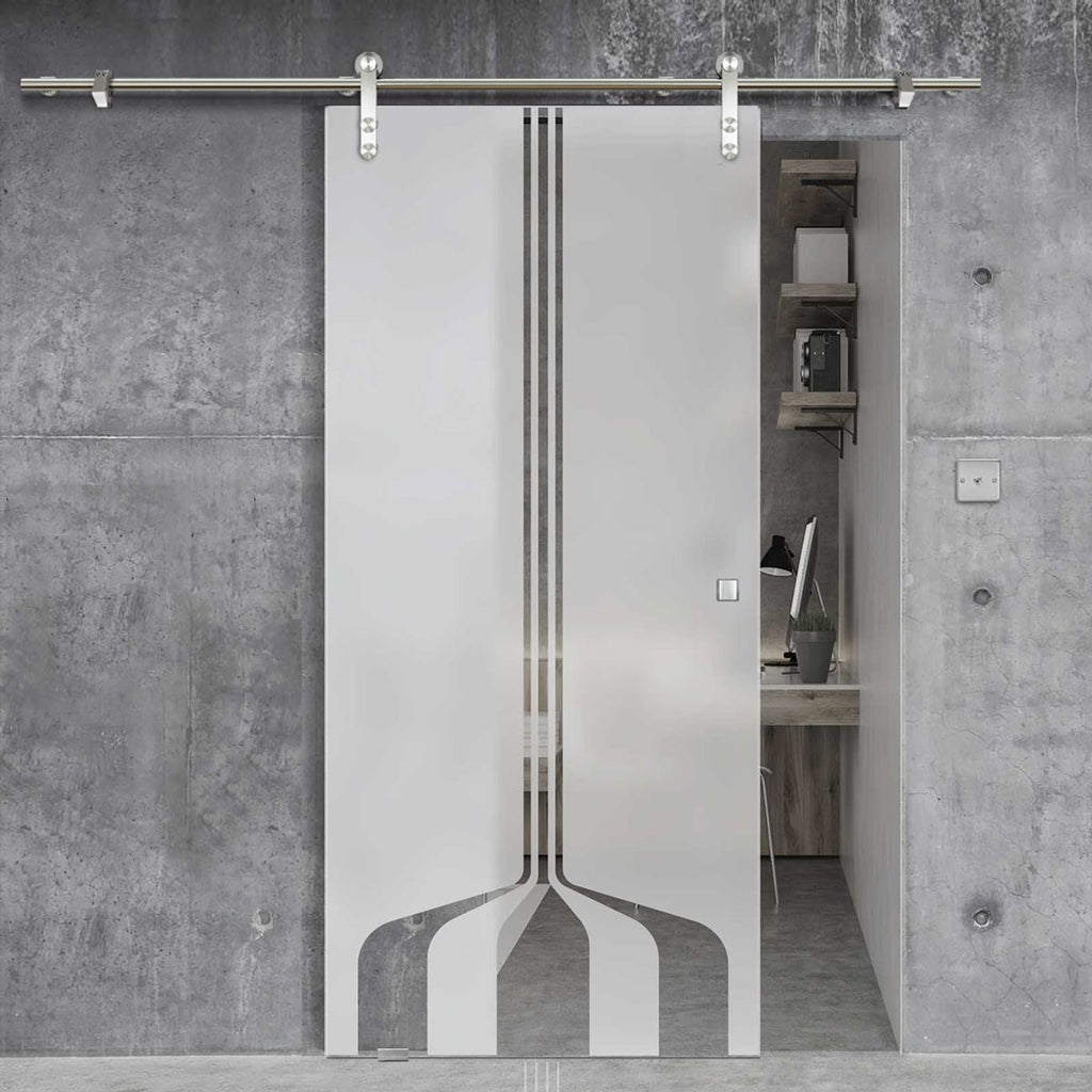 Single Glass Sliding Door - Solaris Tubular Stainless Steel Sliding Track & Crombie 8mm Obscure Glass - Clear Printed Design