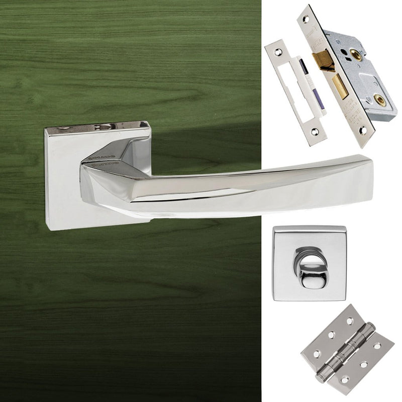 Crystal Forme Designer Bathroom Lever on Minimal Square Rose - Polished Chrome Handle Pack