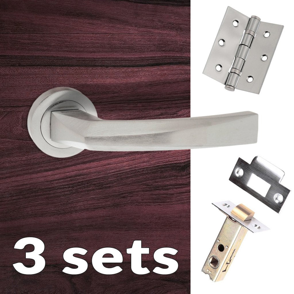 Three Pack Crystal Forme Designer Lever on Minimal Square Rose - Satin Chrome Handle