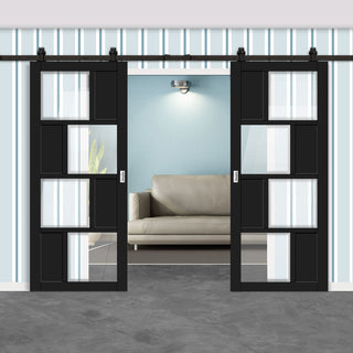 Image: Top Mounted Black Sliding Track & Solid Wood Double Doors - Eco-Urban® Cusco 4 Pane 4 Panel Doors DD6416G Clear Glass - Shadow Black Premium Primed