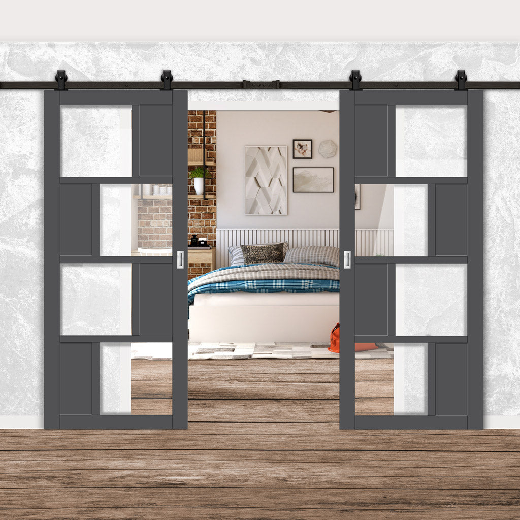 Top Mounted Black Sliding Track & Solid Wood Double Doors - Eco-Urban® Cusco 4 Pane 4 Panel Doors DD6416G Clear Glass - Stormy Grey Premium Primed