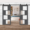 Top Mounted Black Sliding Track & Solid Wood Double Doors - Eco-Urban® Cusco 4 Pane 4 Panel Doors DD6416G Clear Glass - Stormy Grey Premium Primed