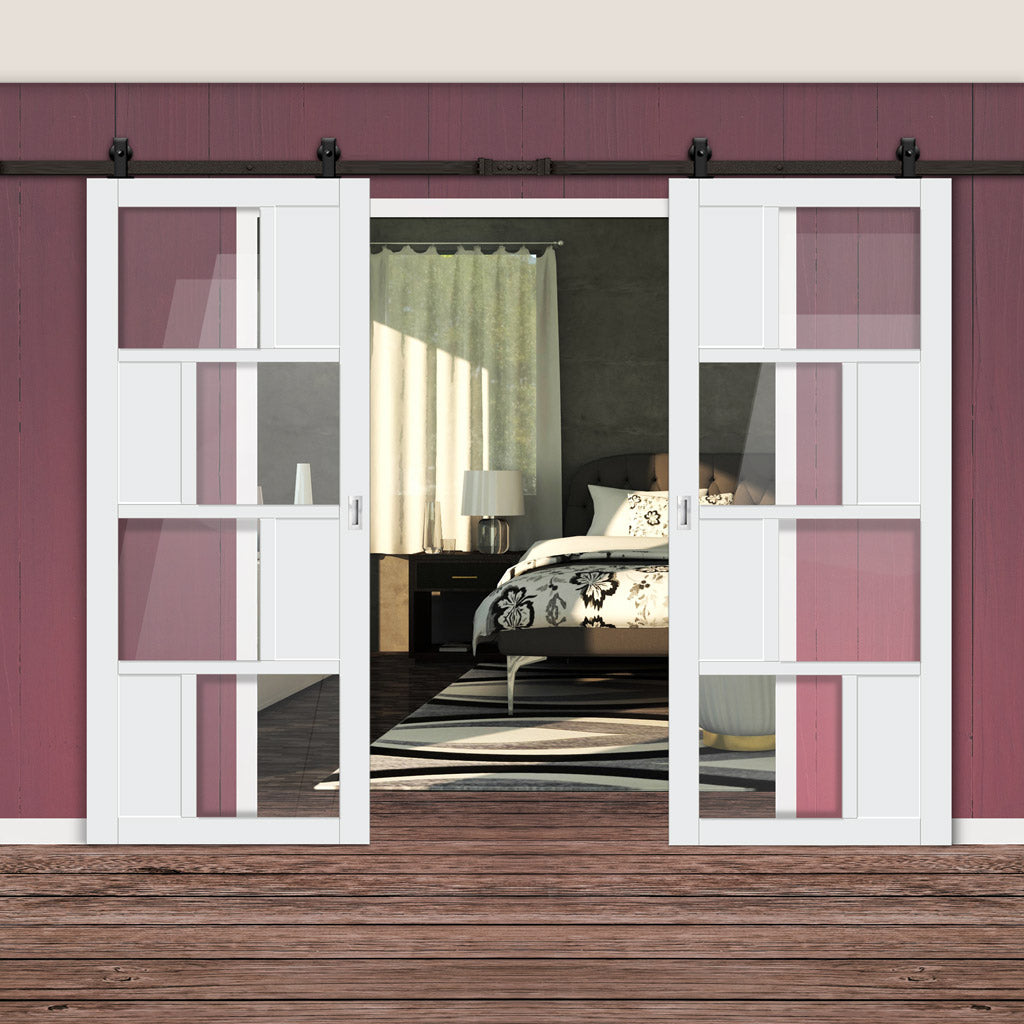 Top Mounted Black Sliding Track & Solid Wood Double Doors - Eco-Urban® Cusco 4 Pane 4 Panel Doors DD6416G Clear Glass - Cloud White Premium Primed