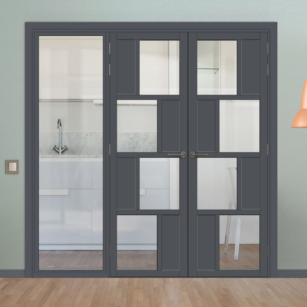 Bespoke Room Divider - Eco-Urban® Cusco Eco-Urban® Door Pair DD6416C - Clear Glass with Full Glass Side - Premium Primed - Colour & Size Options