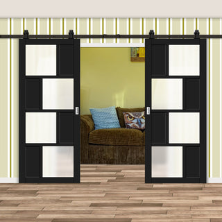 Image: Top Mounted Black Sliding Track & Solid Wood Double Doors - Eco-Urban® Cusco 4 Pane 4 Panel Doors DD6416SG Frosted Glass - Shadow Black Premium Primed