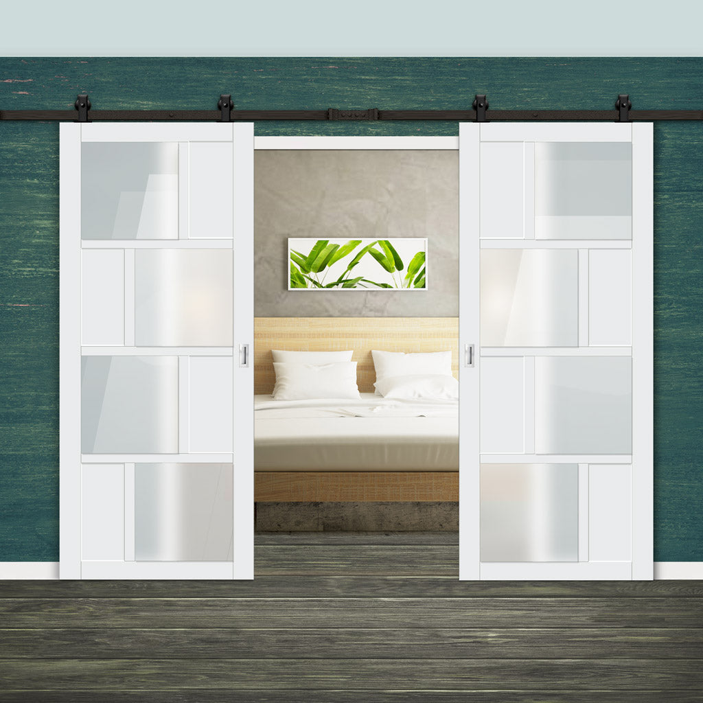 Top Mounted Black Sliding Track & Solid Wood Double Doors - Eco-Urban® Cusco 4 Pane 4 Panel Doors DD6416SG Frosted Glass - Cloud White Premium Primed