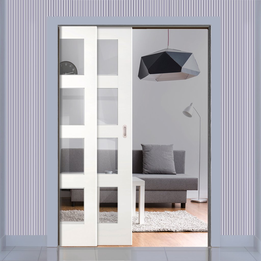 Coventry Shaker Staffetta Twin Telescopic Pocket Doors - Clear Glass - White Primed