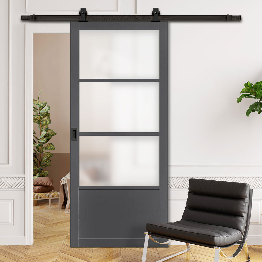 Top Mounted Black Sliding Track & Solid Wood Door - Eco-Urban® Staten 3 Pane 1 Panel Solid Wood Door DD6310SG - Frosted Glass - Stormy Grey Premium Primed