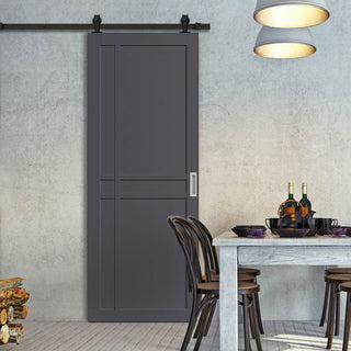 Image: Top Mounted Black Sliding Track & Solid Wood Door - Eco-Urban® Glasgow 6 Panel Solid Wood Door DD6314 - Stormy Grey Premium Primed