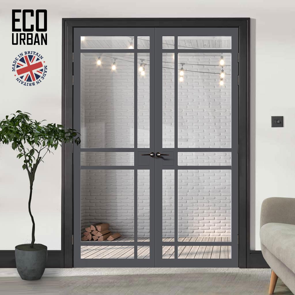 Leith 9 Pane Solid Wood Internal Door Pair UK Made DD6316G - Clear Glass - Eco-Urban® Stormy Grey Premium Primed