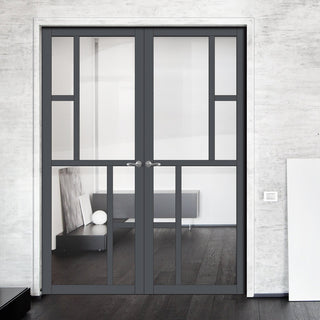 Image: Eco-Urban Cairo 6 Pane Solid Wood Internal Door Pair UK Made DD6419G Clear Glass - Eco-Urban® Stormy Grey Premium Primed