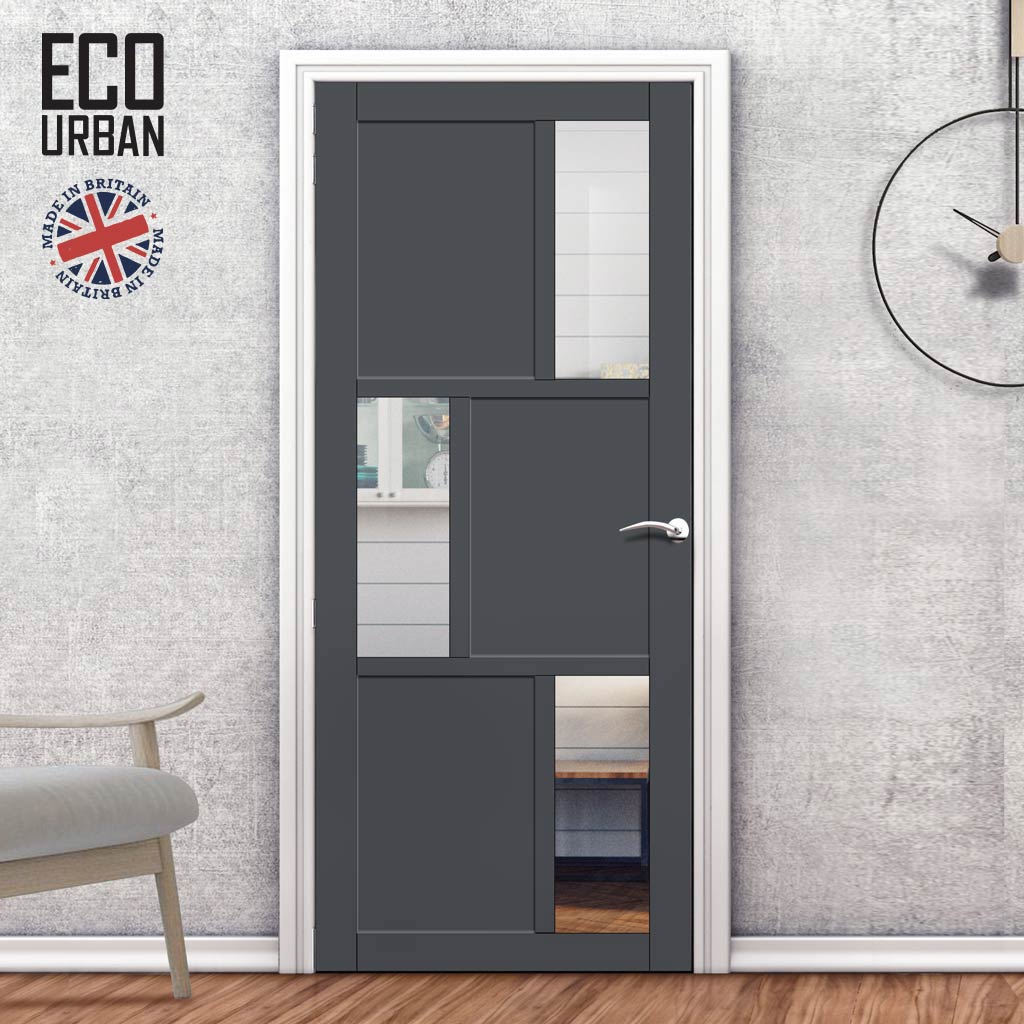 Handmade Eco-Urban Tokyo 3 Pane 3 Panel Solid Wood Internal Door UK Made DD6423G Clear Glass - Eco-Urban® Stormy Grey Premium Primed