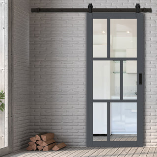 Image: Top Mounted Black Sliding Track & Solid Wood Door - Eco-Urban® Milan 6 Pane Solid Wood Door DD6422G Clear Glass - Stormy Grey Premium Primed