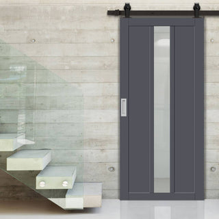 Image: Top Mounted Black Sliding Track & Solid Wood Door - Eco-Urban® Cornwall 1 Pane 2 Panel Solid Wood Door DD6404G Clear Glass - Stormy Grey Premium Primed