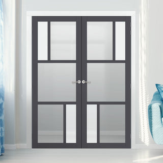 Image: Eco-Urban Arran 5 Pane Solid Wood Internal Door Pair UK Made DD6432G Clear Glass(2 FROSTED PANES) - Eco-Urban® Stormy Grey Premium Primed