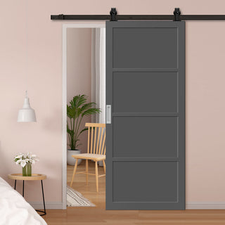 Image: Top Mounted Black Sliding Track & Solid Wood Door - Eco-Urban® Brooklyn 4 Panel Solid Wood Door DD6307 - Stormy Grey Premium Primed