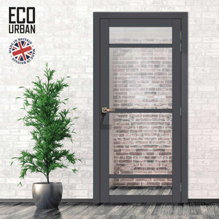 Image: Handmade Eco-Urban Malvan 4 Pane Solid Wood Internal Door UK Made DD6414G Clear Glass - Eco-Urban® Stormy Grey Premium Primed