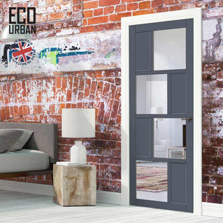 Image: Handmade Eco-Urban Cusco 4 Pane 4 Panel Solid Wood Internal Door UK Made DD6416G Clear Glass - Eco-Urban® Stormy Grey Premium Primed