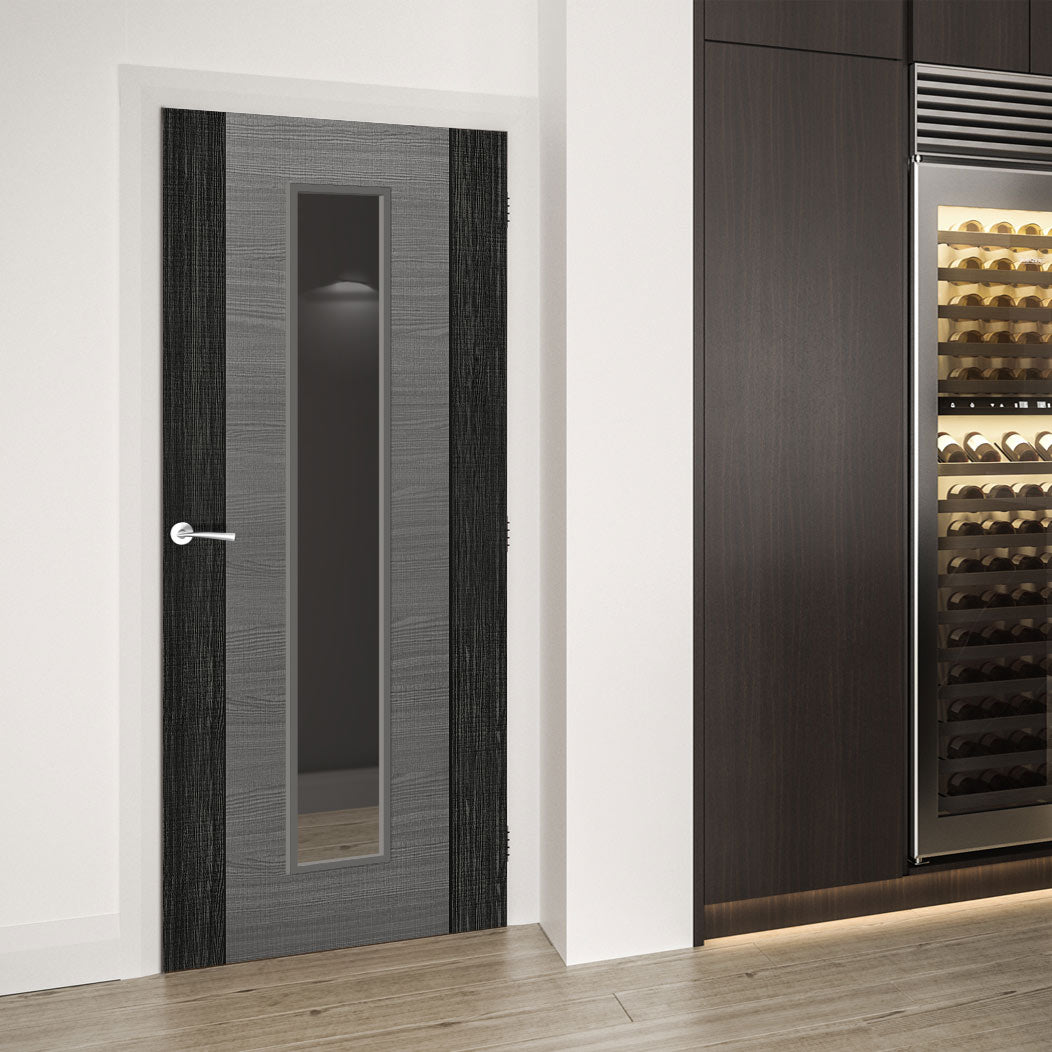 Bespoke Fire Door - Flush Dark Grey Panel - American Light Grey Ash Veneer - 30 Minute Fire Rated - Clear Glass - 10 - Prefinished