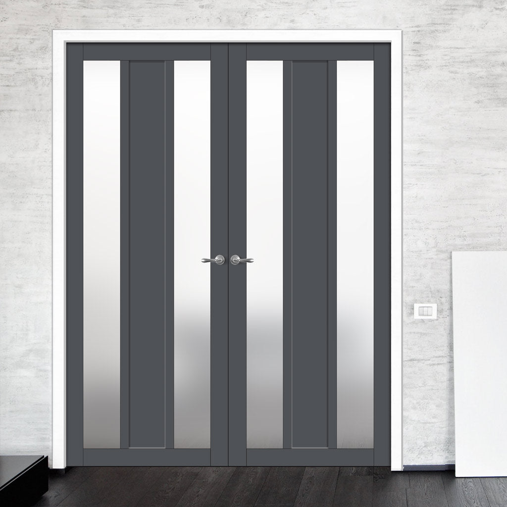 Eco-Urban Avenue 2 Pane 1 Panel Solid Wood Internal Door Pair UK Made DD6410SG Frosted Glass - Eco-Urban® Stormy Grey Premium Primed