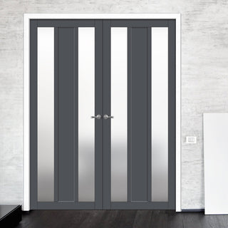 Image: Eco-Urban Avenue 2 Pane 1 Panel Solid Wood Internal Door Pair UK Made DD6410SG Frosted Glass - Eco-Urban® Stormy Grey Premium Primed