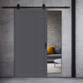 Image: Top Mounted Black Sliding Track & Solid Wood Door - Eco-Urban® Suburban 4 Panel Solid Wood Door DD6411 - Stormy Grey Premium Primed