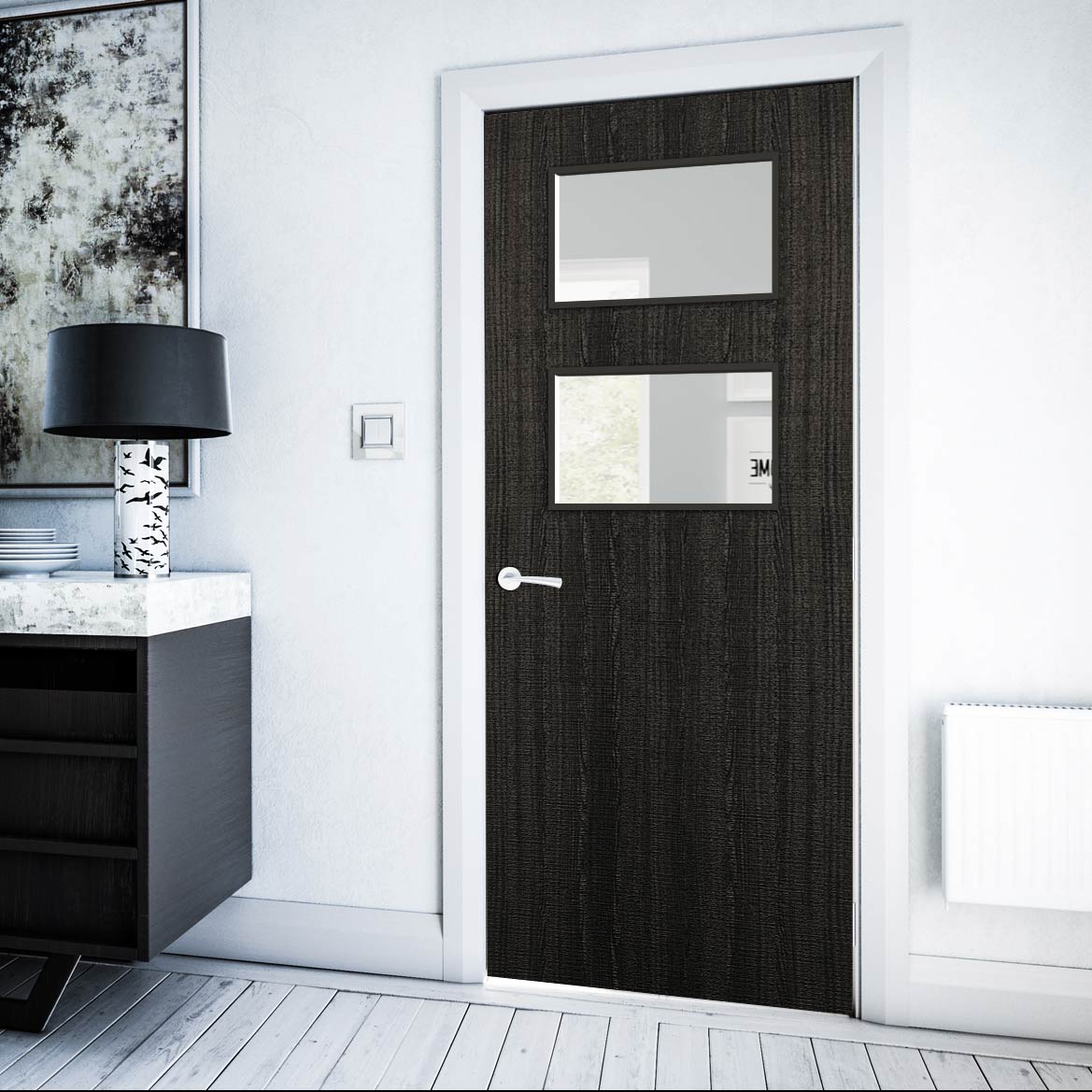 Bespoke Fire Door - Flush American Dark Grey Ash Veneer - 30 Minute Fire Rated - Clear Glass - 02 - Prefinished