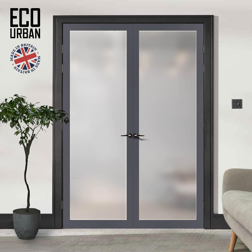 Eco-Urban Baltimore 1 Pane Solid Wood Internal Door Pair UK Made DD6301SG - Frosted Glass - Eco-Urban® Stormy Grey Premium Primed
