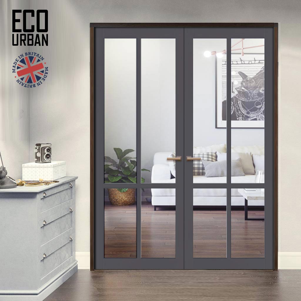 Bronx 4 Pane Solid Wood Internal Door Pair UK Made DD6315G - Clear Glass - Eco-Urban® Stormy Grey Premium Primed