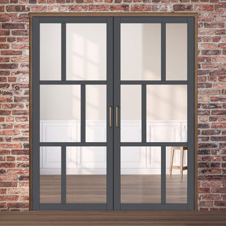 Image: Eco-Urban Milan 6 Pane Solid Wood Internal Door Pair UK Made DD6422G Clear Glass - Eco-Urban® Stormy Grey Premium Primed