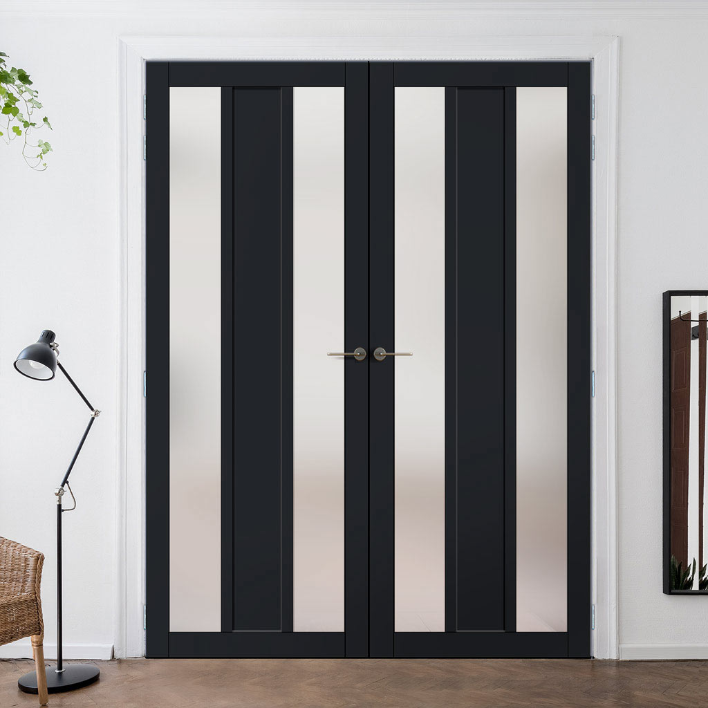 Eco-Urban Avenue 2 Pane 1 Panel Solid Wood Internal Door Pair UK Made DD6410SG Frosted Glass - Eco-Urban® Shadow Black Premium Primed