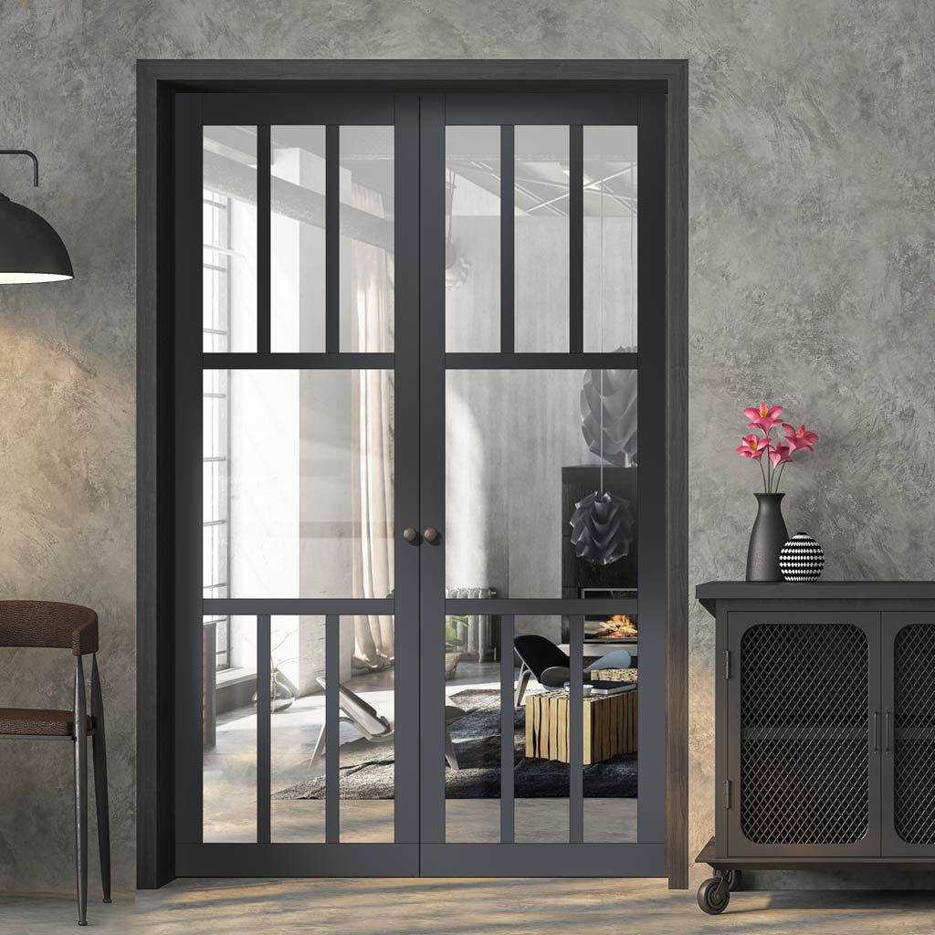 Handmade Eco-Urban Queensland 7 Pane Door Pair DD6424G Clear Glass - Dark Grey Premium Primed