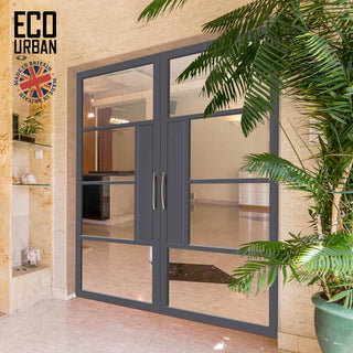 Image: Boston 4 Pane Solid Wood Internal Door Pair UK Made DD6311G - Clear Glass - Eco-Urban® Stormy Grey Premium Primed