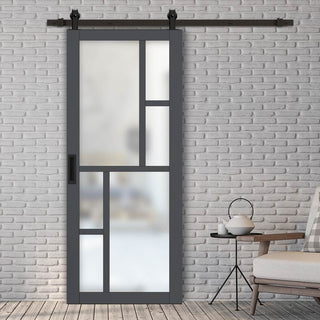 Image: Top Mounted Black Sliding Track & Solid Wood Door - Eco-Urban® Cairo 6 Pane Solid Wood Door DD6419SG Frosted Glass - Stormy Grey Premium Primed