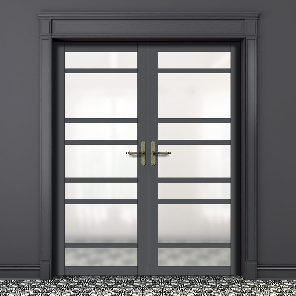 Eco-Urban Metropolitan 7 Pane Solid Wood Internal Door Pair UK Made DD6405SG Frosted Glass - Eco-Urban® Stormy Grey Premium Primed