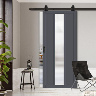 Image: Top Mounted Black Sliding Track & Solid Wood Door - Eco-Urban® Cornwall 1 Pane 2 Panel Solid Wood Door DD6404SG Frosted Glass - Stormy Grey Premium Primed