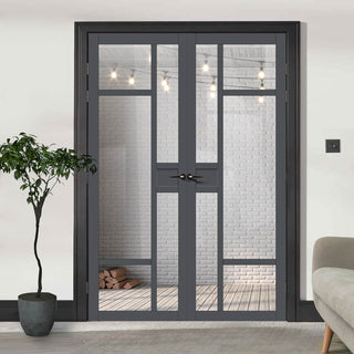 Image: Eco-Urban Jura 5 Pane 1 Panel Solid Wood Internal Door Pair UK Made DD6431G Clear Glass - Eco-Urban® Stormy Grey Premium Primed