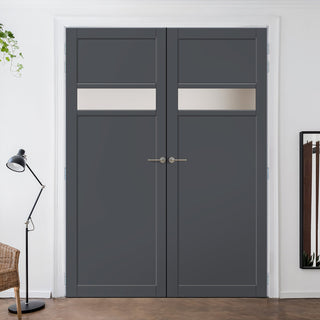 Image: Eco-Urban Orkney 1 Pane 2 Panel Solid Wood Internal Door Pair UK Made DD6403SG Frosted Glass - Eco-Urban® Stormy Grey Premium Primed