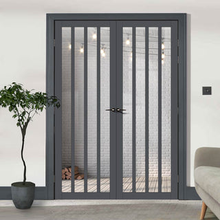 Image: Eco-Urban Sintra 4 Pane Solid Wood Internal Door Pair UK Made DD6428G Clear Glass - Eco-Urban® Stormy Grey Premium Primed