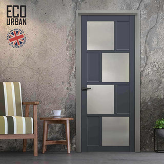 Image: Handmade Eco-Urban Cusco 4 Pane 4 Panel Solid Wood Internal Door UK Made DD6416SG Frosted Glass - Eco-Urban® Stormy Grey Premium Primed