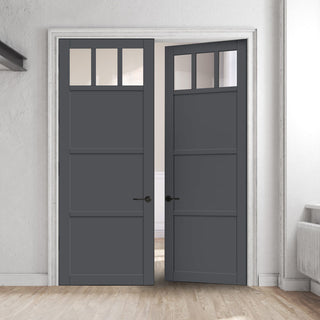 Image: Eco-Urban Lagos 3 Pane 3 Panel Solid Wood Internal Door Pair UK Made DD6427G Clear Glass - Eco-Urban® Stormy Grey Premium Primed