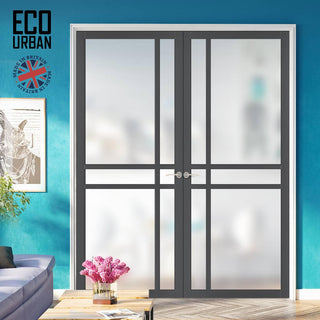 Image: Eco-Urban Glasgow 6 Pane Solid Wood Internal Door Pair UK Made DD6314SG - Frosted Glass - Eco-Urban® Stormy Grey Premium Primed