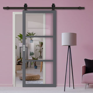 Image: Top Mounted Black Sliding Track & Solid Wood Door - Eco-Urban® Manchester 3 Pane Solid Wood Door DD6306G - Clear Glass - Stormy Grey Premium Primed