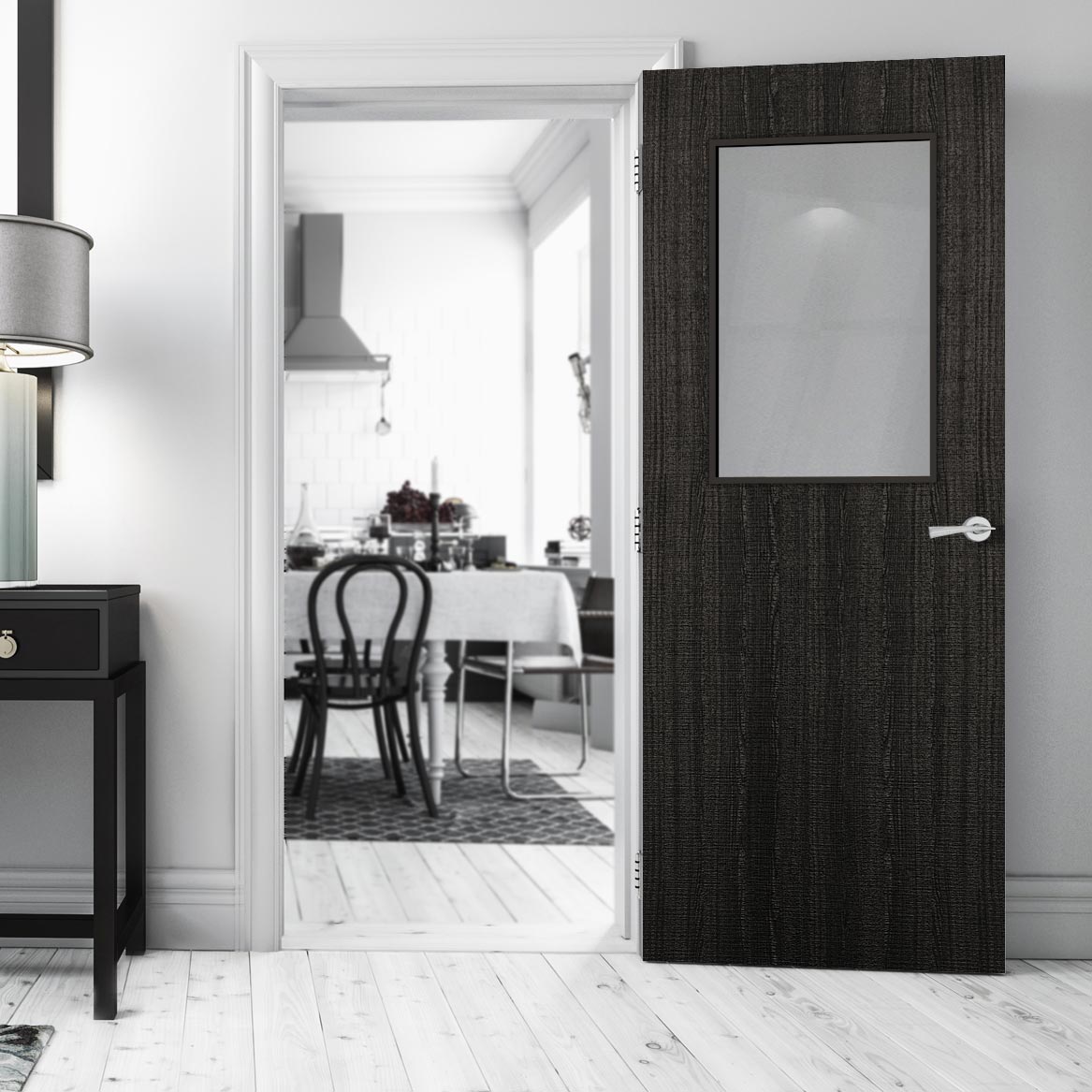 Bespoke Fire Door - Flush American Dark Grey Ash Veneer - 30 Minute Fire Rated - Clear Glass - 01 - Prefinished