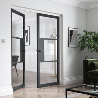 Image: JB Kind Industrial Cosmo Graphite Grey Internal Door Pair - Clear Glass - Laminated - Prefinished