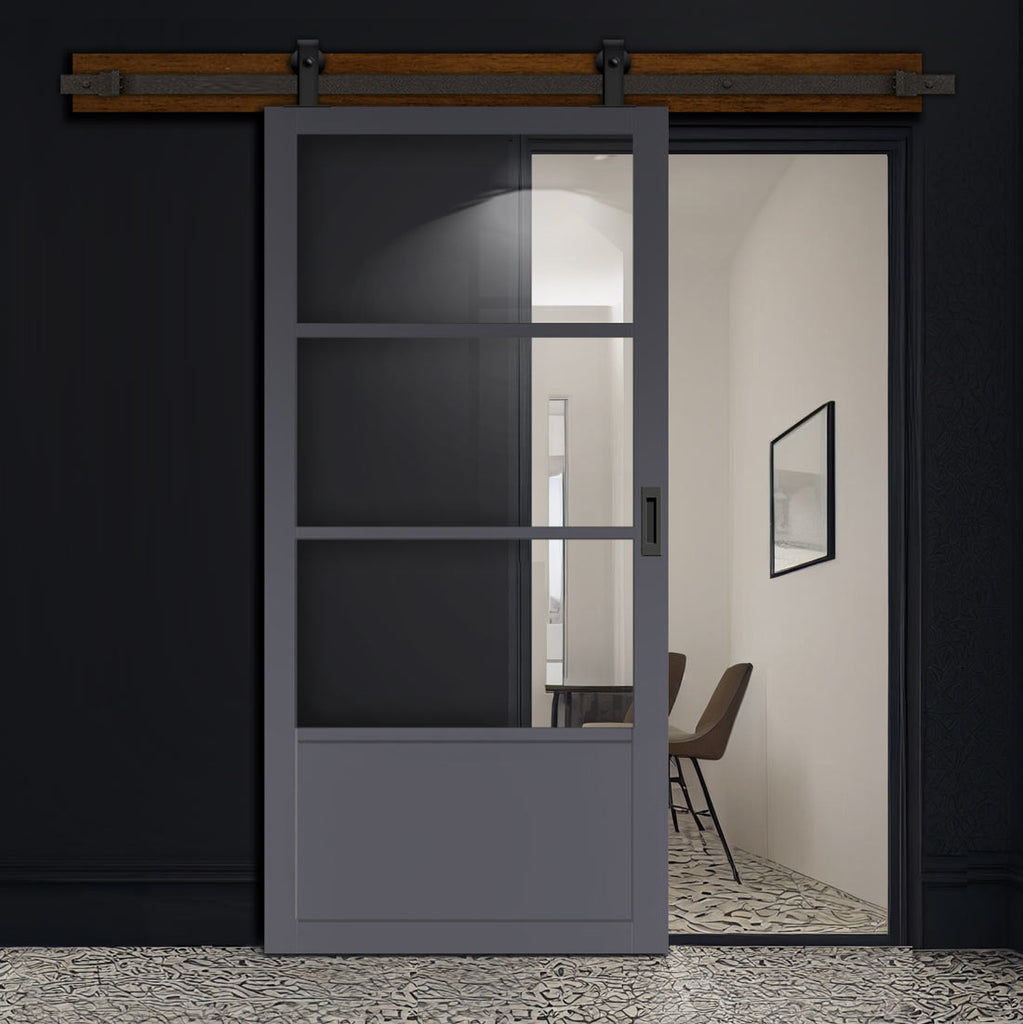 Top Mounted Black Sliding Track & Solid Wood Door - Eco-Urban® Staten 3 Pane 1 Panel Solid Wood Door DD6310G - Clear Glass - Stormy Grey Premium Primed