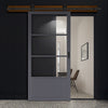 Top Mounted Black Sliding Track & Solid Wood Door - Eco-Urban® Staten 3 Pane 1 Panel Solid Wood Door DD6310G - Clear Glass - Stormy Grey Premium Primed