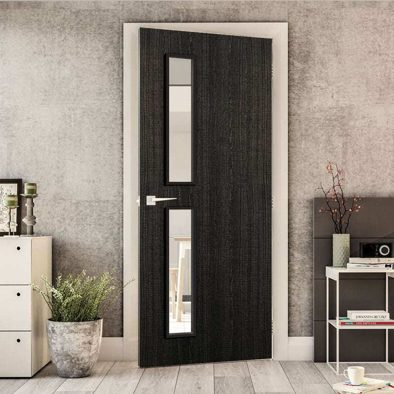 Bespoke Fire Door - Flush American Dark Grey Ash Veneer - 30 Minute Fire Rated - Clear Glass - 07 - Prefinished