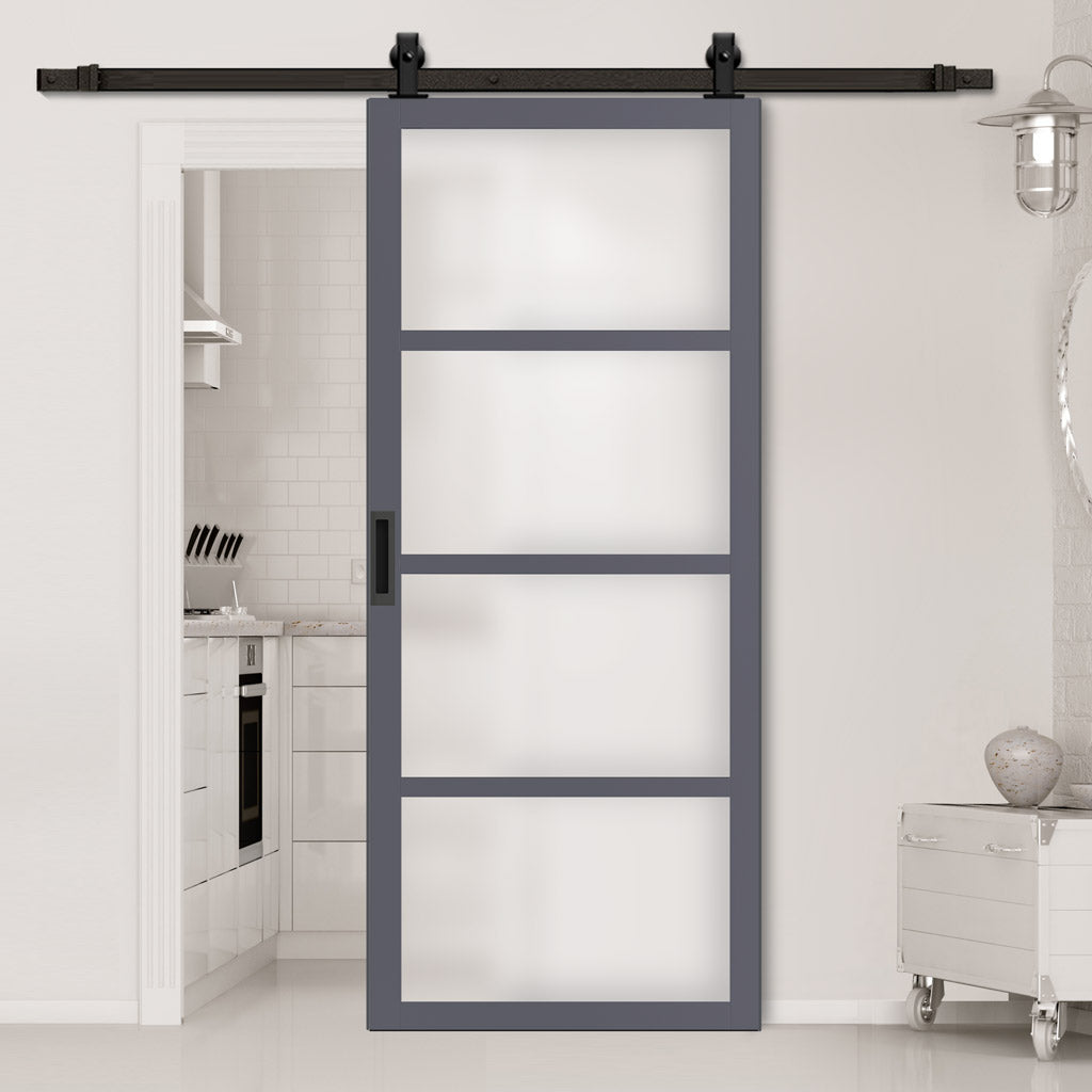 Top Mounted Black Sliding Track & Solid Wood Door - Eco-Urban® Brooklyn 4 Pane Solid Wood Door DD6308SG - Frosted Glass - Stormy Grey Premium Primed